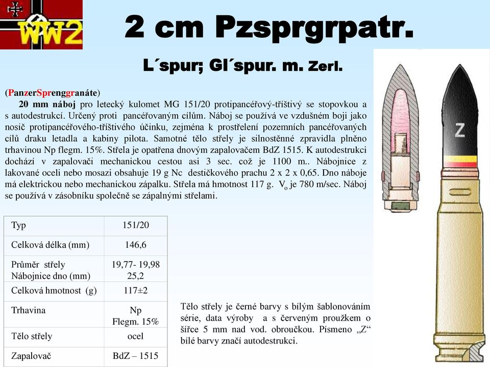 Samotné tělo střely je silnostěnné zpravidla plněno trhavinou Np flegm. 15%. Střela je opatřena dnovým zapalovačem BdZ 1515. K autodestrukci dochází v zapalovači mechanickou cestou asi 3 sec.