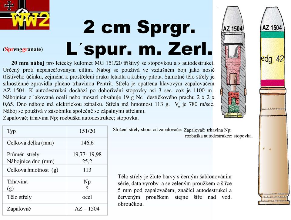 Střela je opatřena hlavovým zapalovačem AZ 1504. K autodestrukci dochází po dohořívání stopovky asi 3 sec. což je 1100 m.