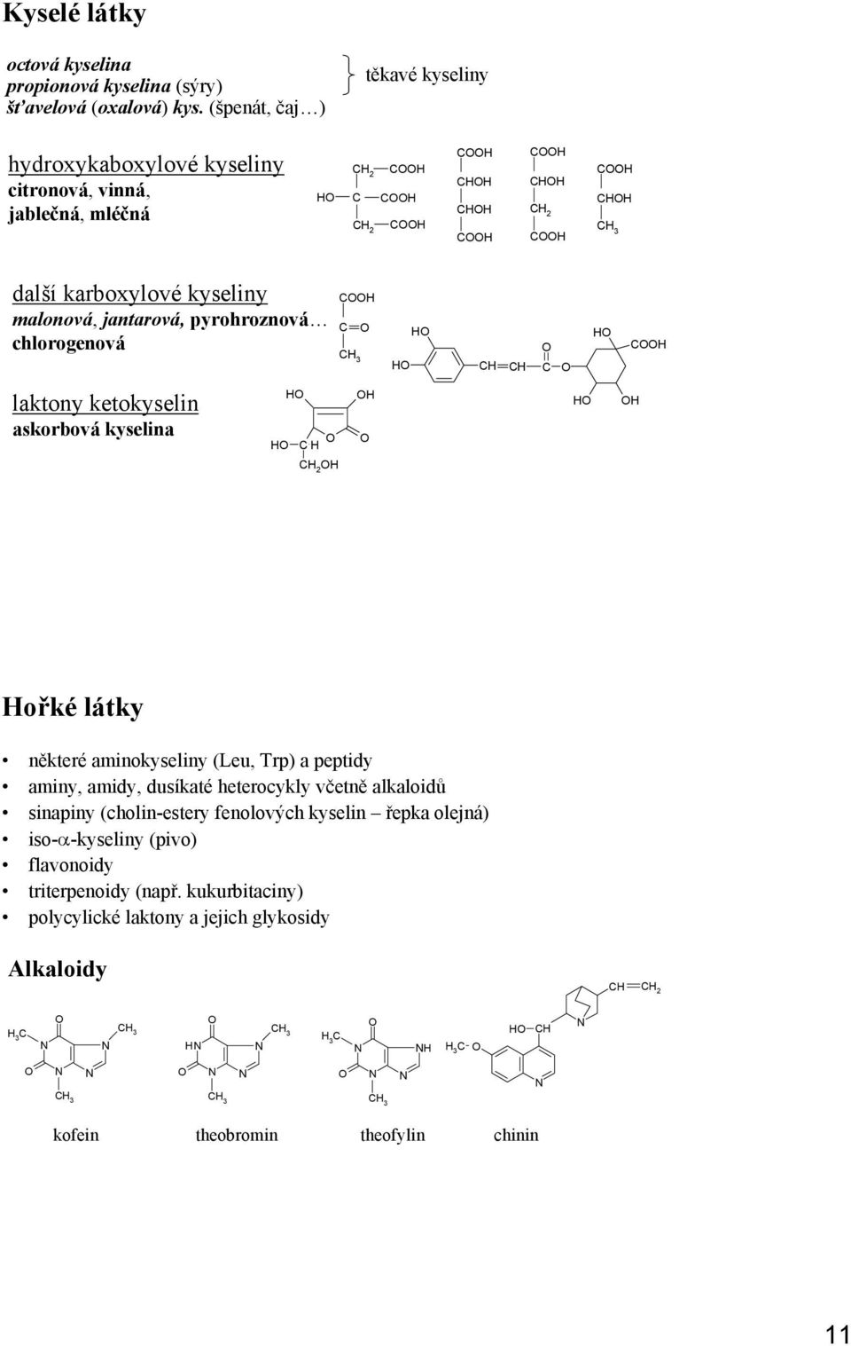 pyrohroznová chlorogenová 3 laktony ketokyselin askorbová kyselina 2 ořké látky některé aminokyseliny (Leu, Trp) a peptidy aminy, amidy, dusíkaté heterocykly