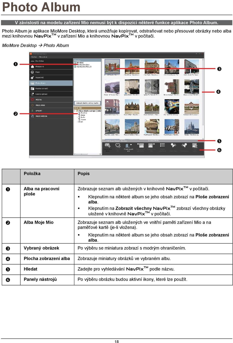 MioMore Desktop Photo Album Položka Popis Alba na pracovní ploše Zobrazuje seznam alb uložených v knihovně NavPix TM v počítači.