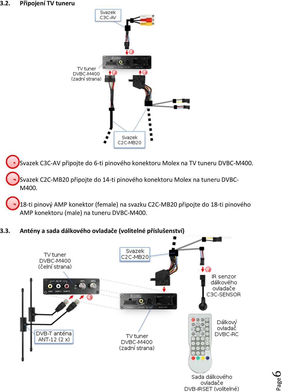 2 Svazek C2C-MB20 připojte do 14-ti pinového konektoru Molex na tuneru DVBCM400.