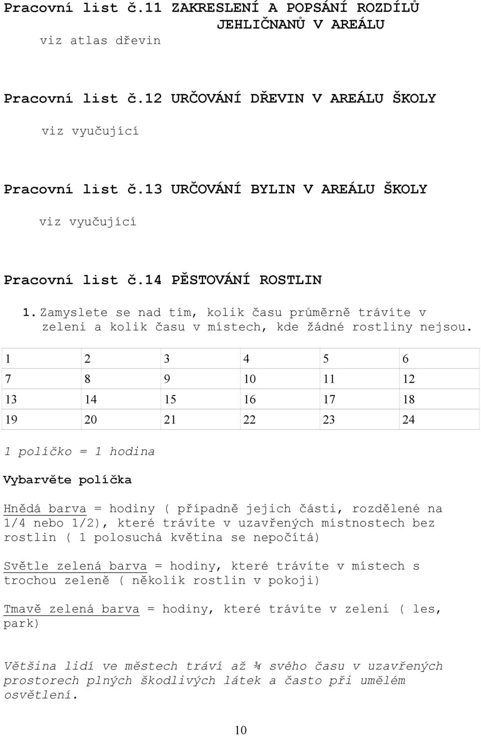 1 2 3 4 5 6 7 8 9 10 11 12 13 14 15 16 17 18 19 20 21 22 23 24 1 políčko = 1 hodina Vybarvěte políčka Hnědá barva = hodiny ( případně jejich části, rozdělené na 1/4 nebo 1/2), které trávíte v