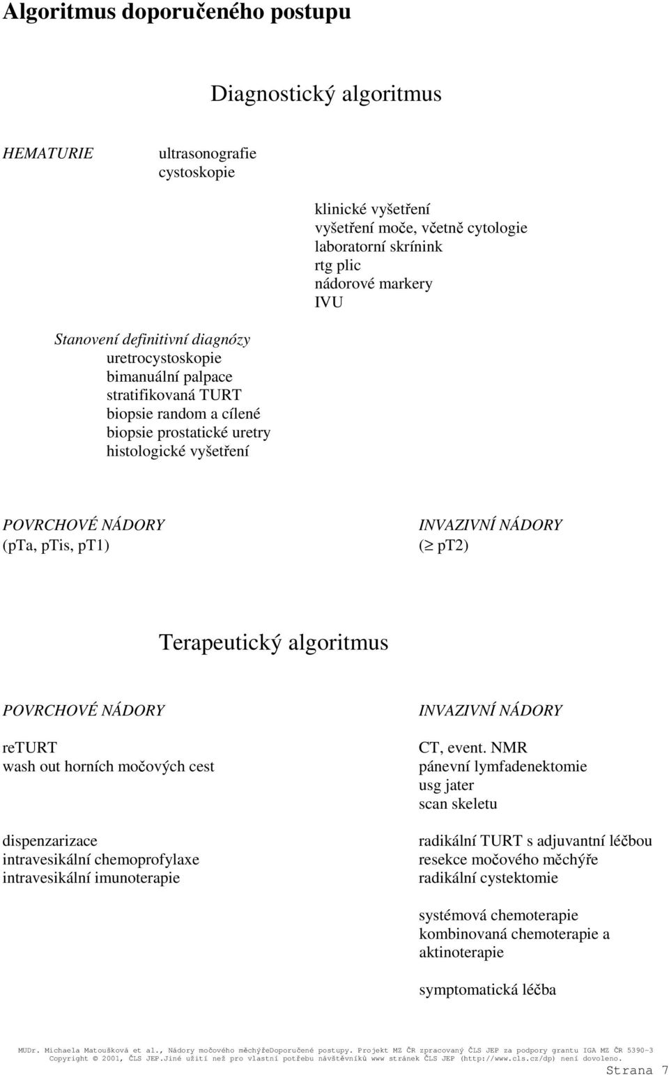 INVAZIVNÍ NÁDORY ( pt2) Terapeutický algoritmus POVRCHOVÉ NÁDORY returt wash out horních močových cest dispenzarizace intravesikální chemoprofylaxe intravesikální imunoterapie INVAZIVNÍ NÁDORY CT,