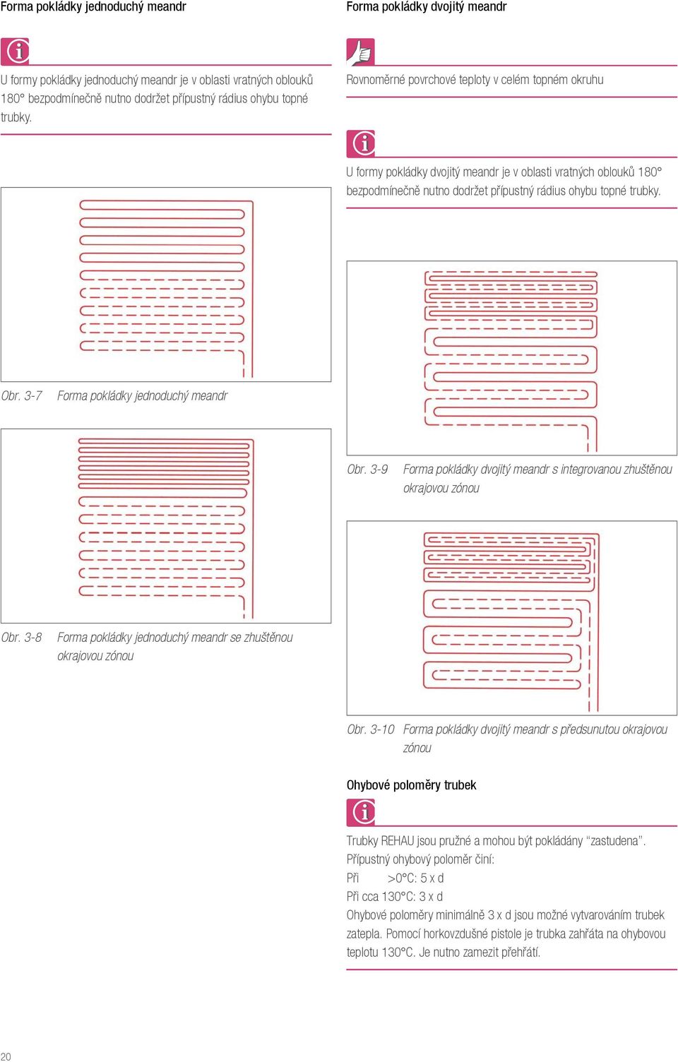 3-7 Forma pokládky jednoduchý meandr Obr. 3-9 Forma pokládky dvojitý meandr s integrovanou zhuštěnou okrajovou zónou Obr. 3-8 Forma pokládky jednoduchý meandr se zhuštěnou okrajovou zónou Obr.