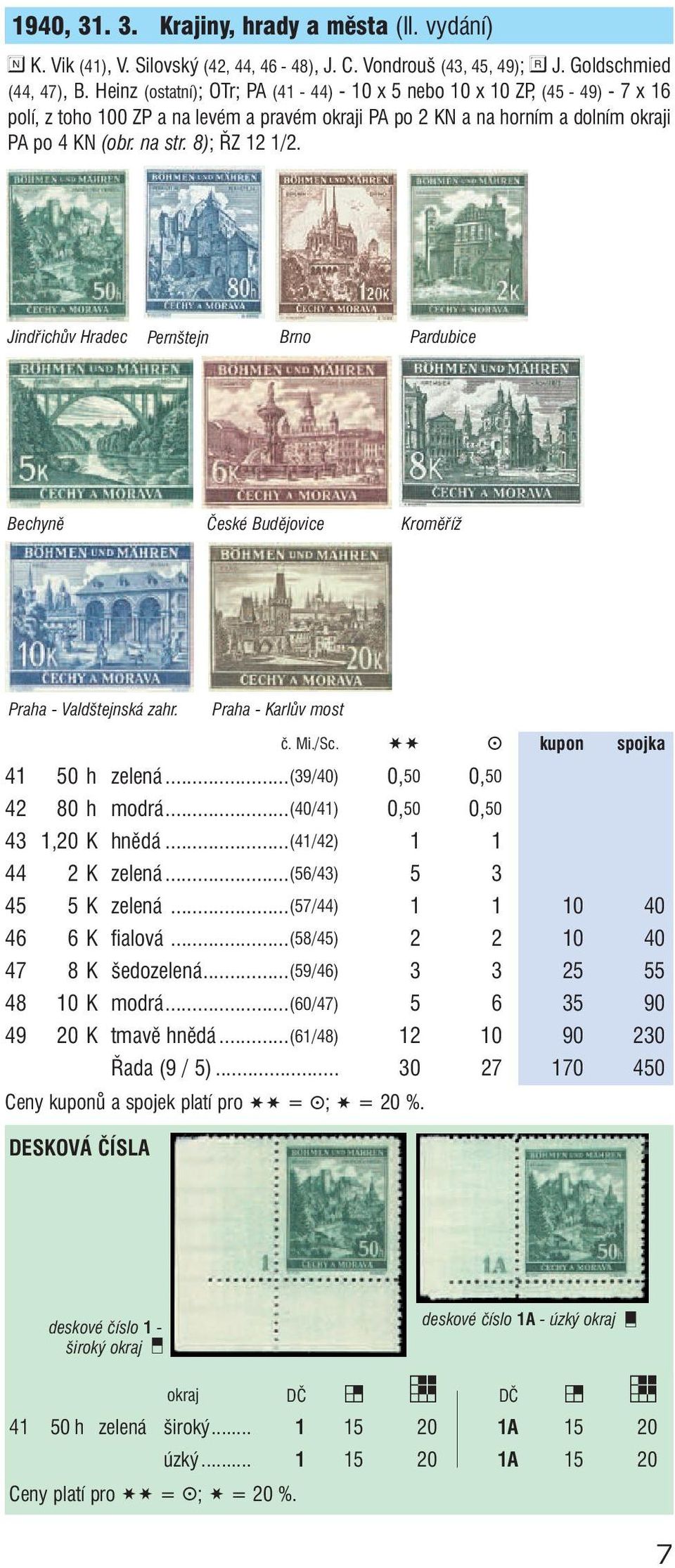 8); ŘZ 12 1/2. Jindřichův Hradec Pernštejn Brno Pardubice Bechyně České Budějovice Kroměříž Praha - Valdštejnská zahr. Praha - Karlův most č. Mi./Sc. SS g kupon spojka 41 50 h zelená.