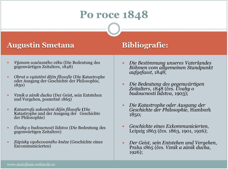 budoucnosti lidstva (Die Bedeutung des gegenwärtigen Zeitalters) Zápisky vyobcovaného kněze (Geschichte eines Excommunicierten) Die Bestimmung unseres Vaterlandes Böhmen vom allgemeinen Standpunkt