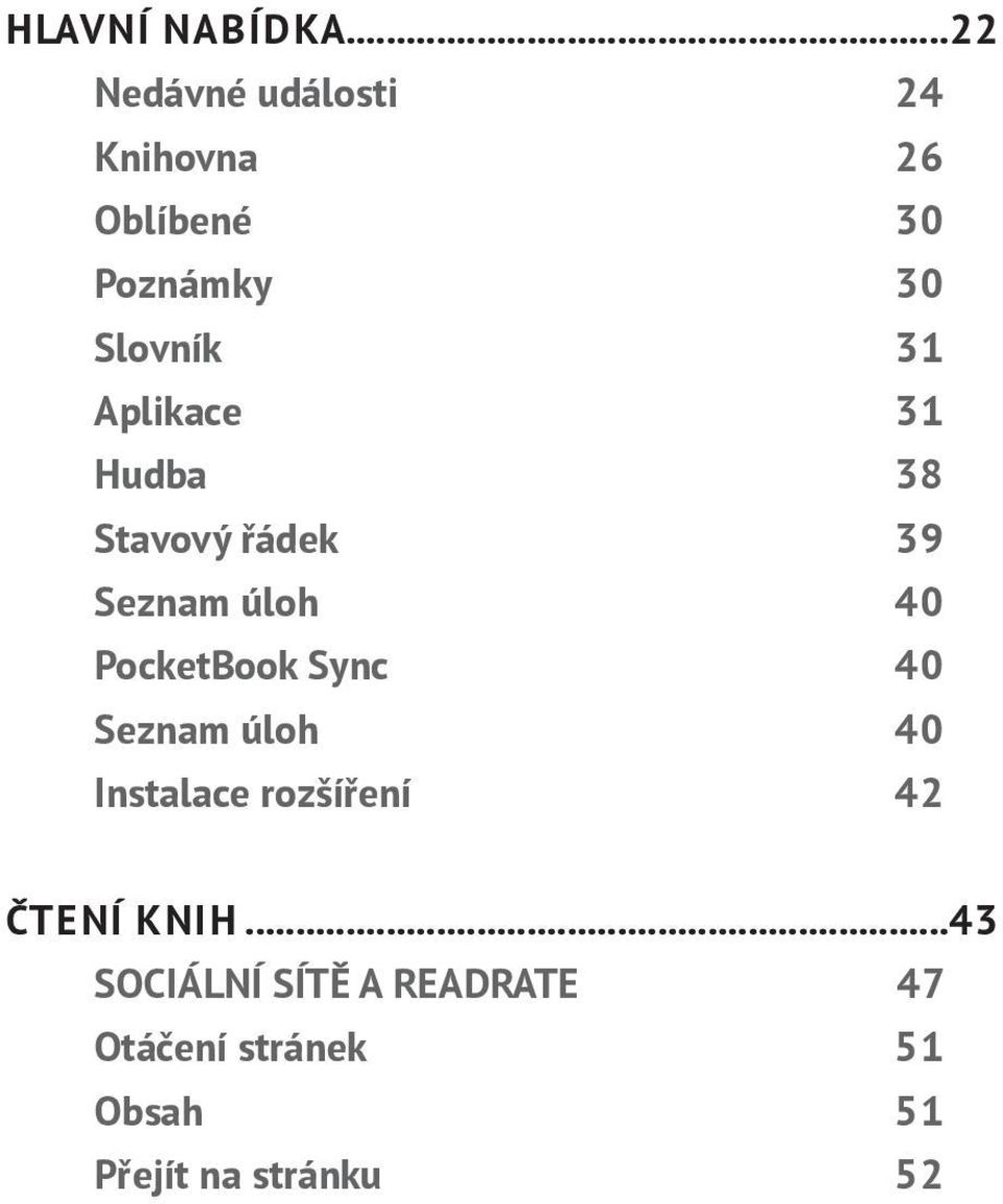 Aplikace 31 Hudba 38 Stavový řádek 39 Seznam úloh 40 PocketBook Sync 40