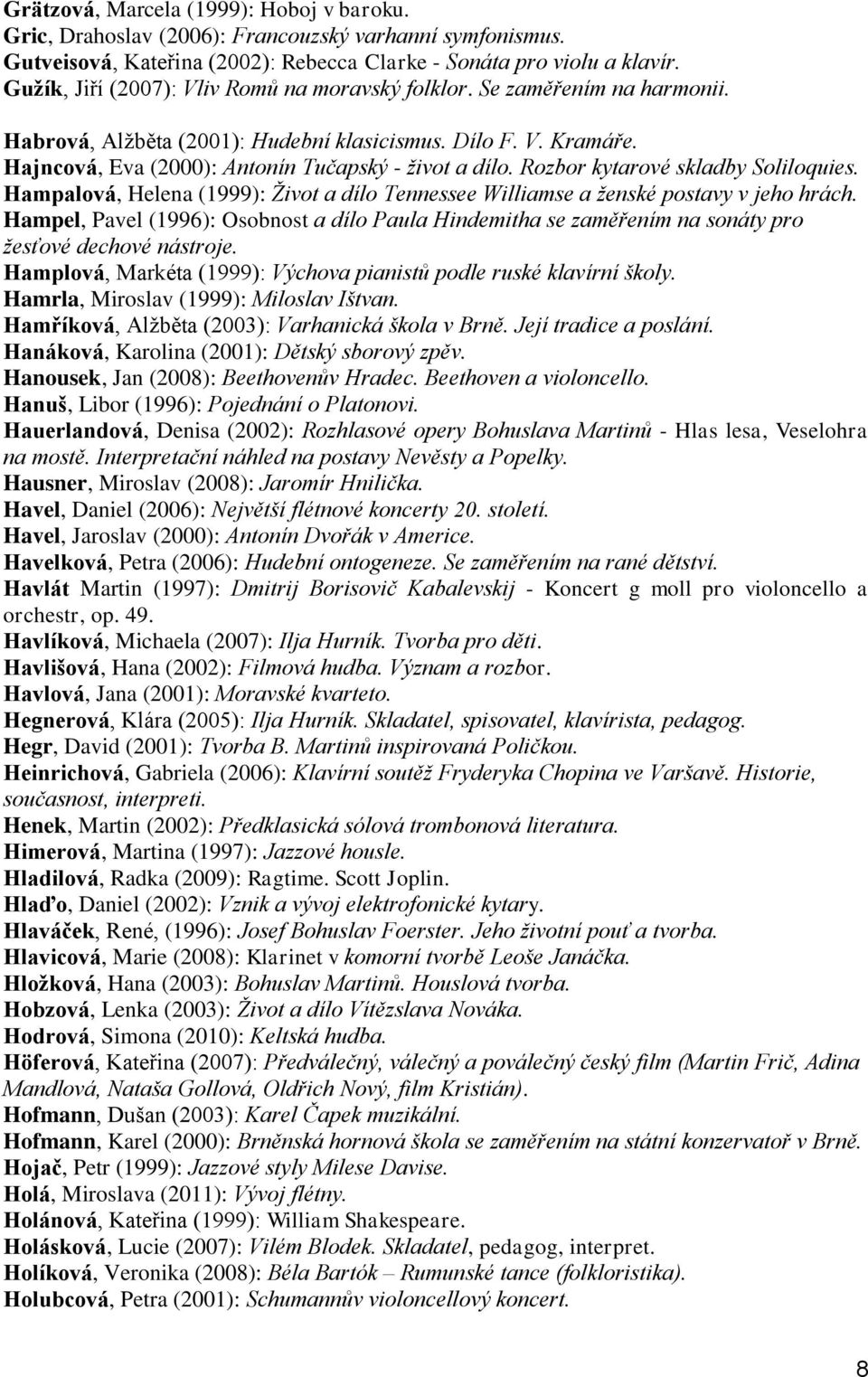 Rozbor kytarové skladby Soliloquies. Hampalová, Helena (1999): Život a dílo Tennessee Williamse a ženské postavy v jeho hrách.