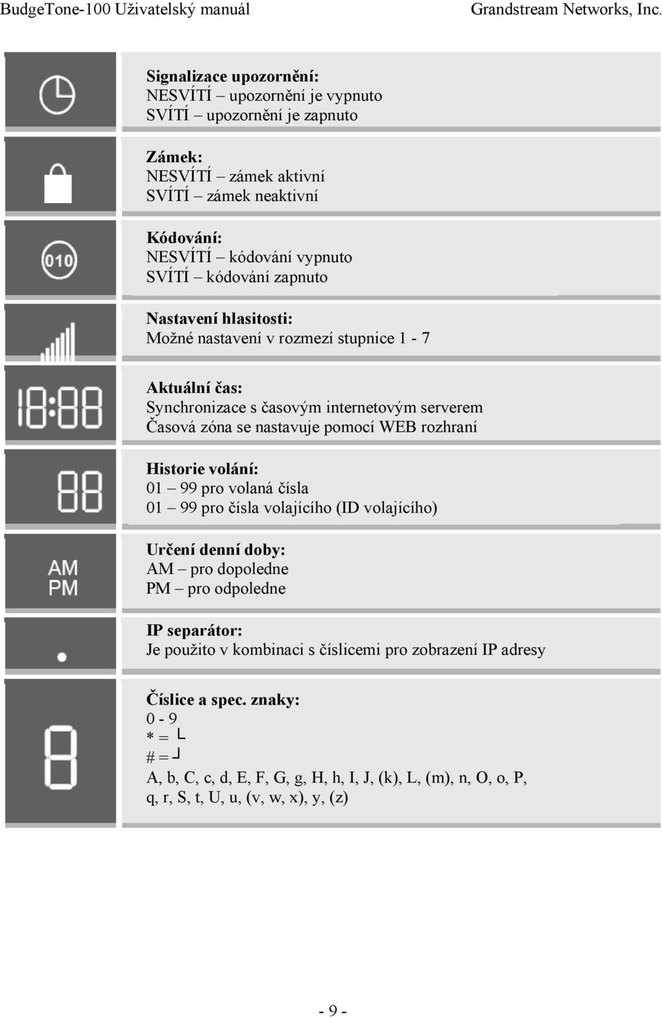 rozhraní Historie volání: 01 99 pro volaná čísla 01 99 pro čísla volajícího (ID volajícího) Určení denní doby: AM pro dopoledne PM pro odpoledne IP separátor: Je použito v