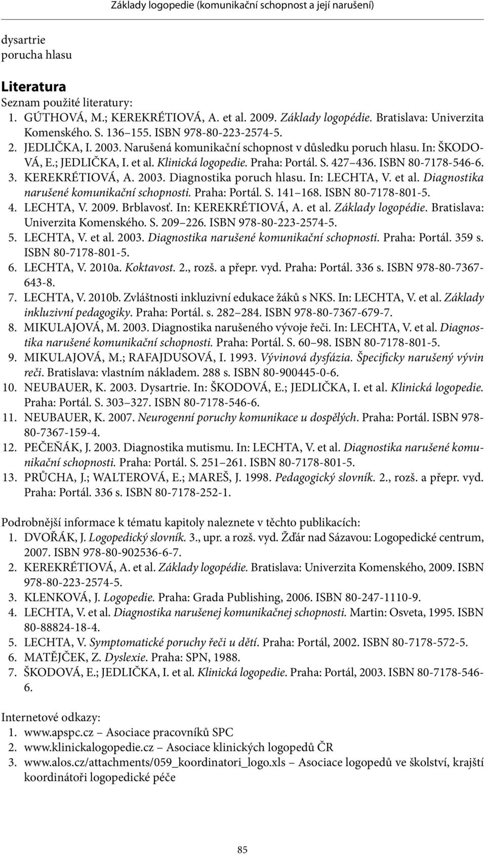 Diagnostika poruch hlasu. In: LECHTA, V. et al. Diagnostika narušené komunikační schopnosti. Praha: Portál. S. 141 168. ISBN 80-7178-801-5. 4. LECHTA, V. 2009. Brblavosť. In: KEREKRÉTIOVÁ, A. et al. Základy logopédie.