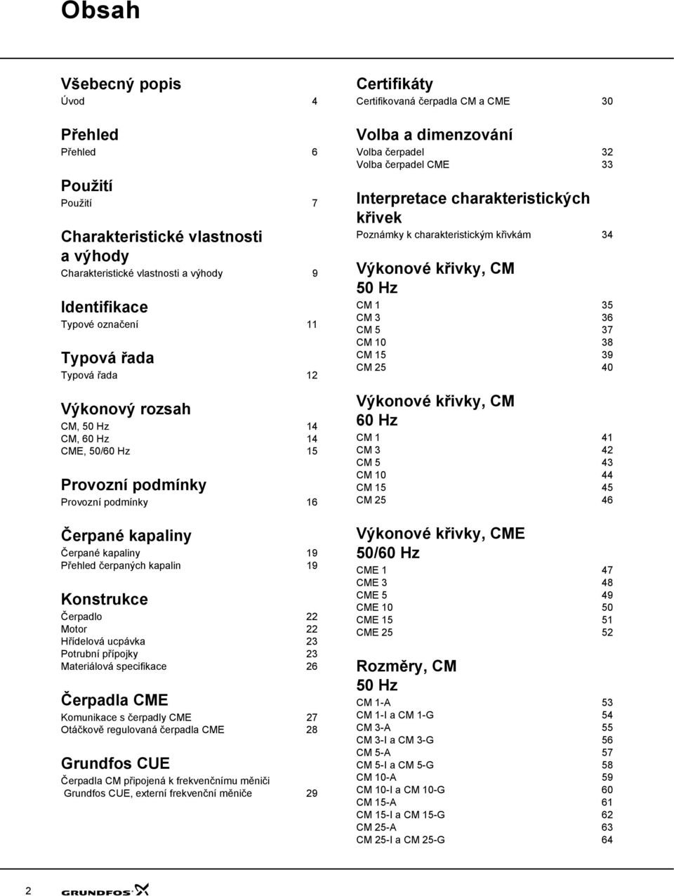 Hřídelová ucpávka 23 Potrubní přípojky 23 Materiálová specifikace 26 Čerpadla CME Komunikace s čerpadly CME 27 Otáčkově regulovaná čerpadla CME 28 Grundfos CUE Čerpadla CM připojená k frekvenčnímu