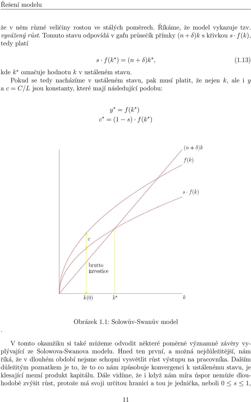 Pokud se tedy nacházíme v ustáleném stavu, pak musí platit, že nejen k, ale i y a c = C/L jsou konstanty, které mají následující podobu: y = f(k ) c = (1 s) f(k ). Obrázek 1.