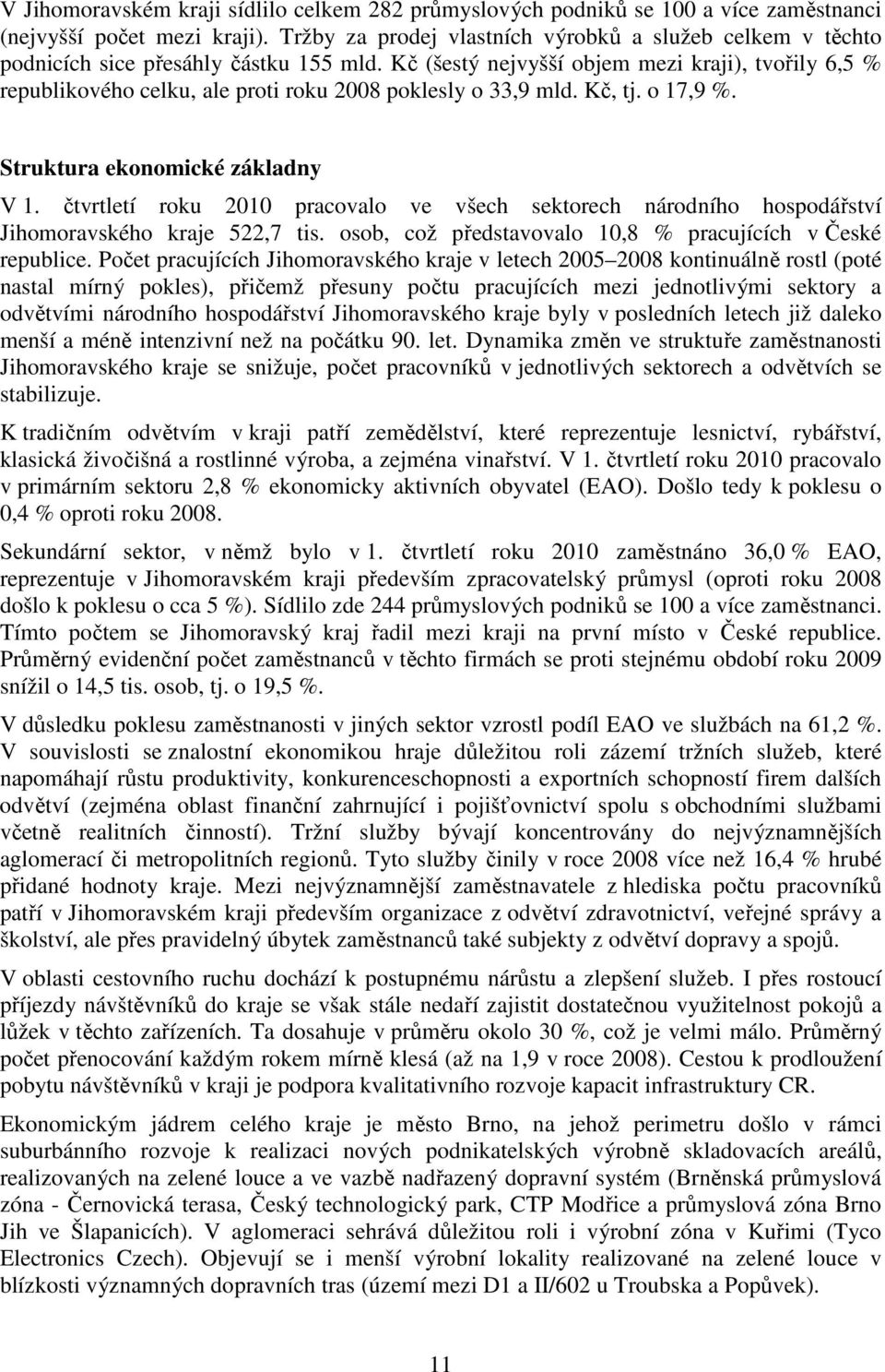 Kč (šestý nejvyšší objem mezi kraji), tvořily 6,5 % republikového celku, ale proti roku 2008 poklesly o 33,9 mld. Kč, tj. o 17,9 %. Struktura ekonomické základny V 1.