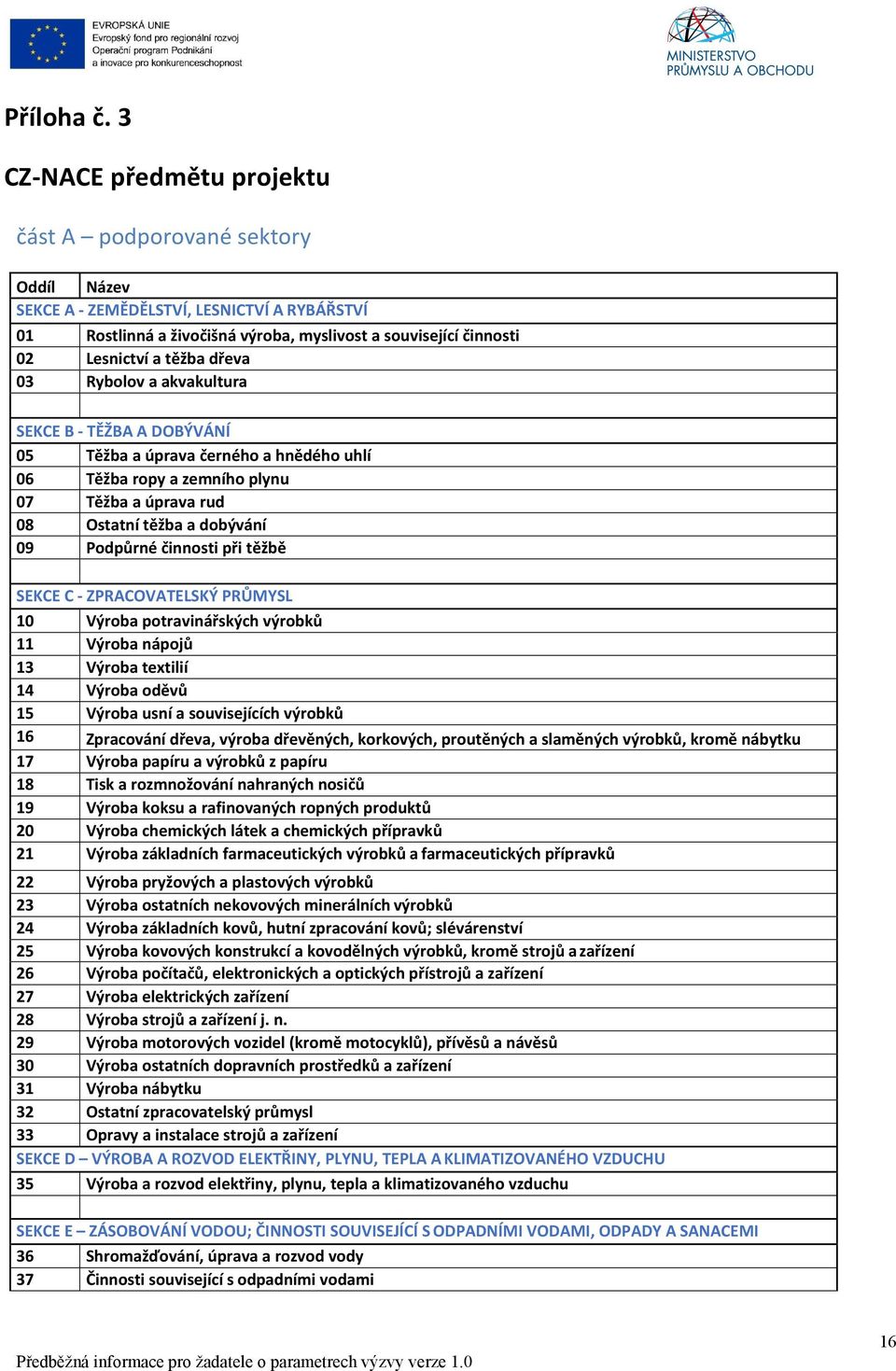 dřeva 03 Rybolov a akvakultura SEKCE B - TĚŽBA A DOBÝVÁNÍ 05 Těžba a úprava černého a hnědého uhlí 06 Těžba ropy a zemního plynu 07 Těžba a úprava rud 08 Ostatní těžba a dobývání 09 Podpůrné činnosti