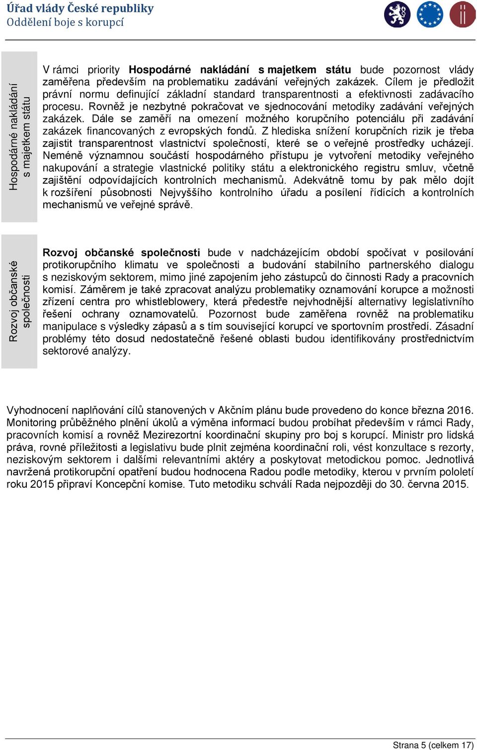 Dále se zaměří na omezení možného korupčního potenciálu při zadávání zakázek financovaných z evropských fondů.