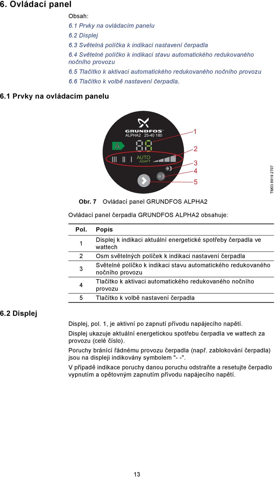 A ALPHA2 25-40 180 AUTO ADAPT 1 2 3 4 5 TM03 8919 2707 Obr. 7 Ovládací panel GRUNDFOS ALPHA2 Ovládací panel čerpadla GRUNDFOS ALPHA2 obsahuje: Pol.