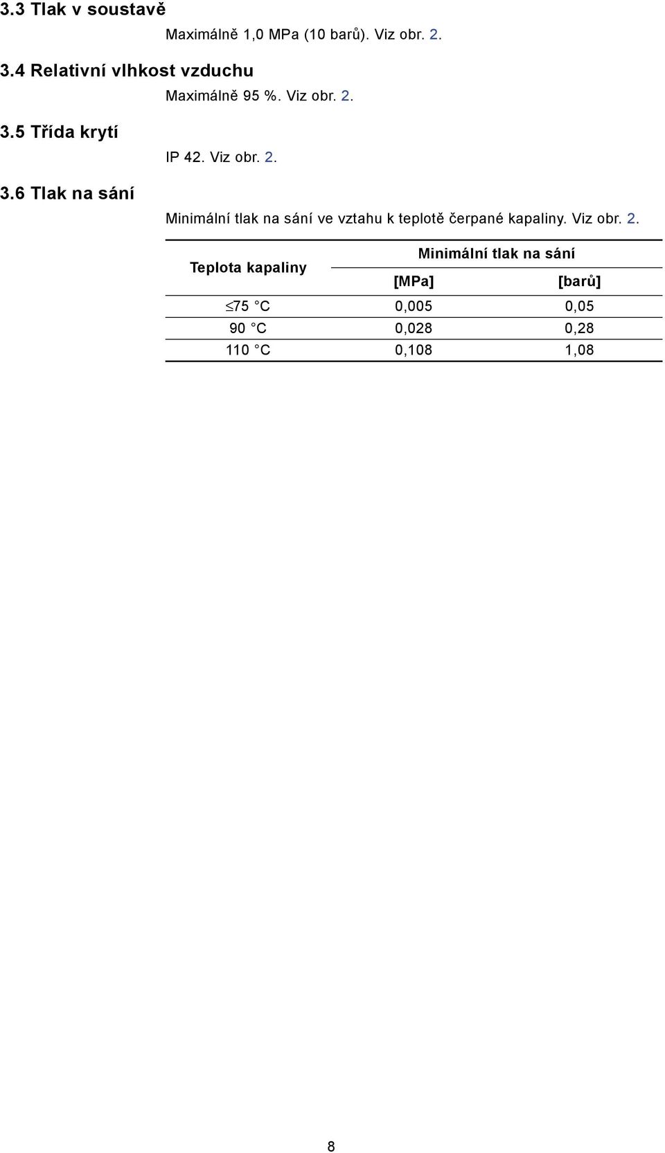 3.5 Třída krytí 3.6 Tlak na sání IP 42. Viz obr. 2.