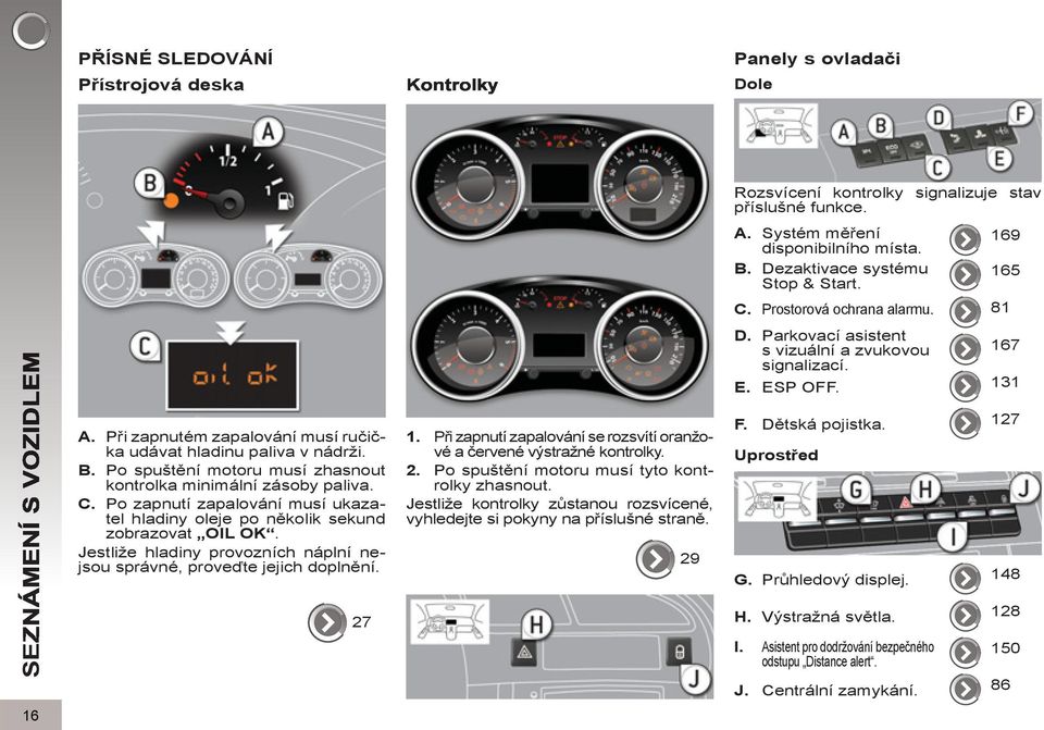Po spuštění motoru musí zhasnout kontrolka minimální zásoby paliva. C. Po zapnutí zapalování musí ukazatel hladiny oleje po několik sekund zobrazovat OIL OK.