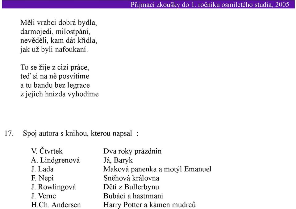 Spoj autora s knihou, kterou napsal : V. Čtvrtek Dva roky prázdnin A. Lindgrenová Já, Baryk J.