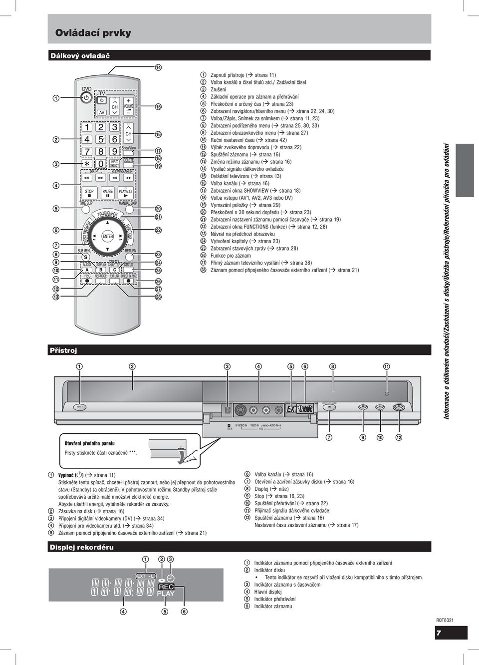 ( strana 11, 23) 8 Zobrazení podřízeného menu ( strana 25, 30, 33) 9 Zobrazení obrazovkového menu ( strana 27) 0 Ruční nastavení času ( strana 42) qa Výběr zvukového doprovodu ( strana 22) qs