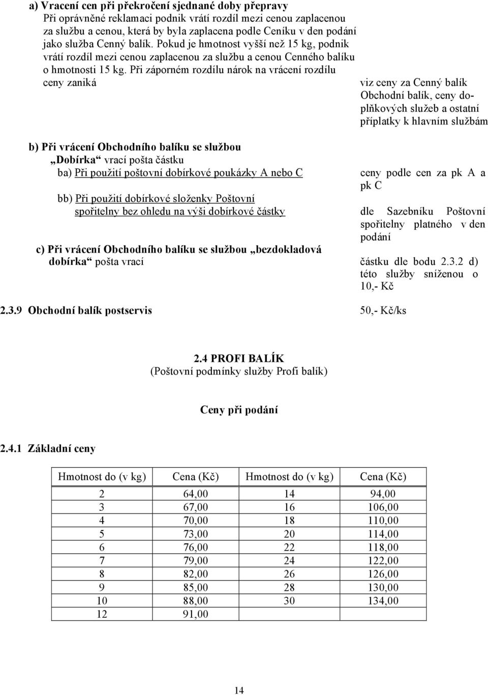 Při záporném rozdílu nárok na vrácení rozdílu ceny zaniká viz ceny za Cenný balík Obchodní balík, ceny doplňkových služeb a ostatní příplatky k hlavním službám b) Při vrácení Obchodního balíku se