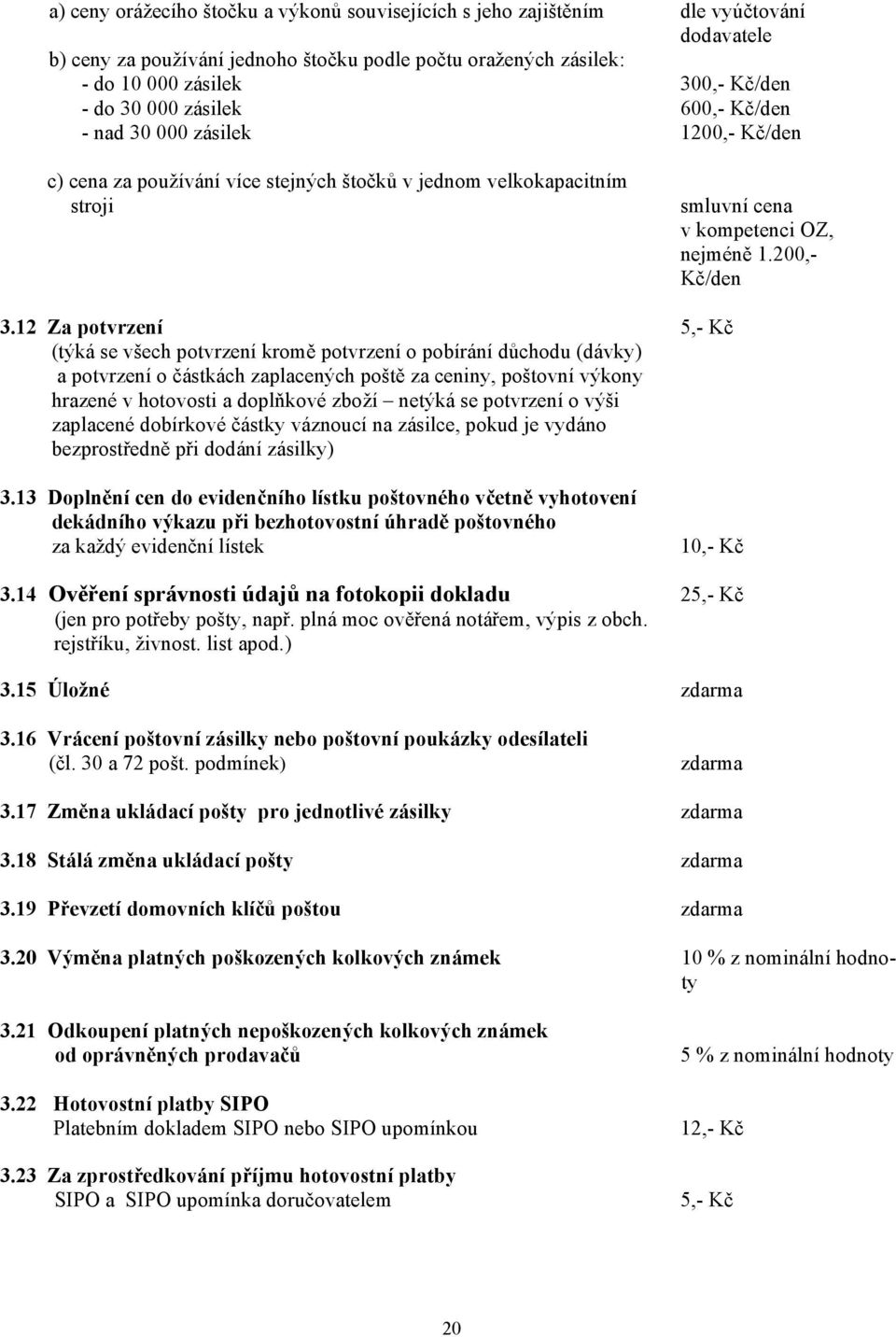 12 Za potvrzení 5,- Kč (týká se všech potvrzení kromě potvrzení o pobírání důchodu (dávky) a potvrzení o částkách zaplacených poště za ceniny, poštovní výkony hrazené v hotovosti a doplňkové zboží