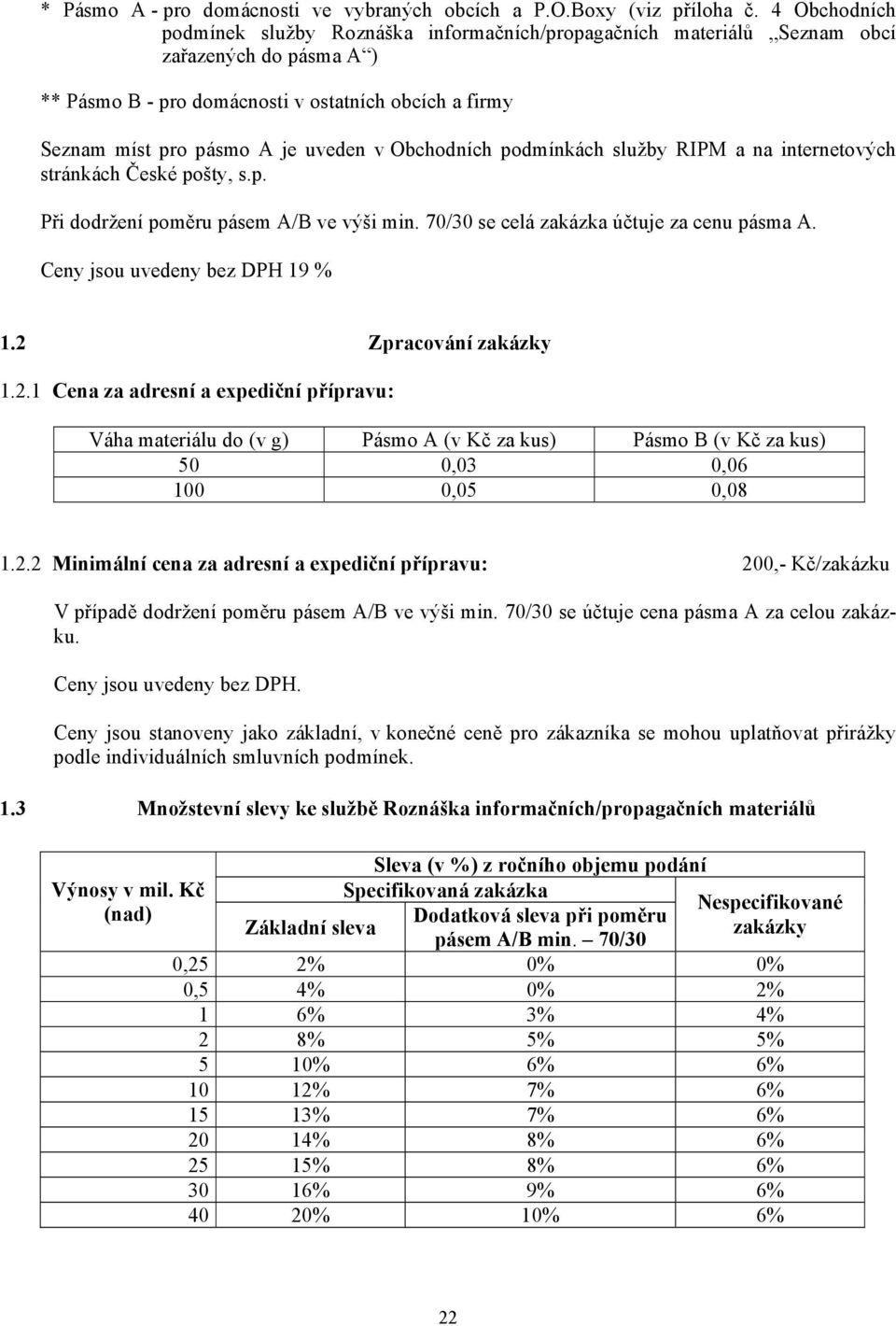 v Obchodních podmínkách služby RIPM a na internetových stránkách České pošty, s.p. Při dodržení poměru pásem A/B ve výši min. 70/30 se celá zakázka účtuje za cenu pásma A.