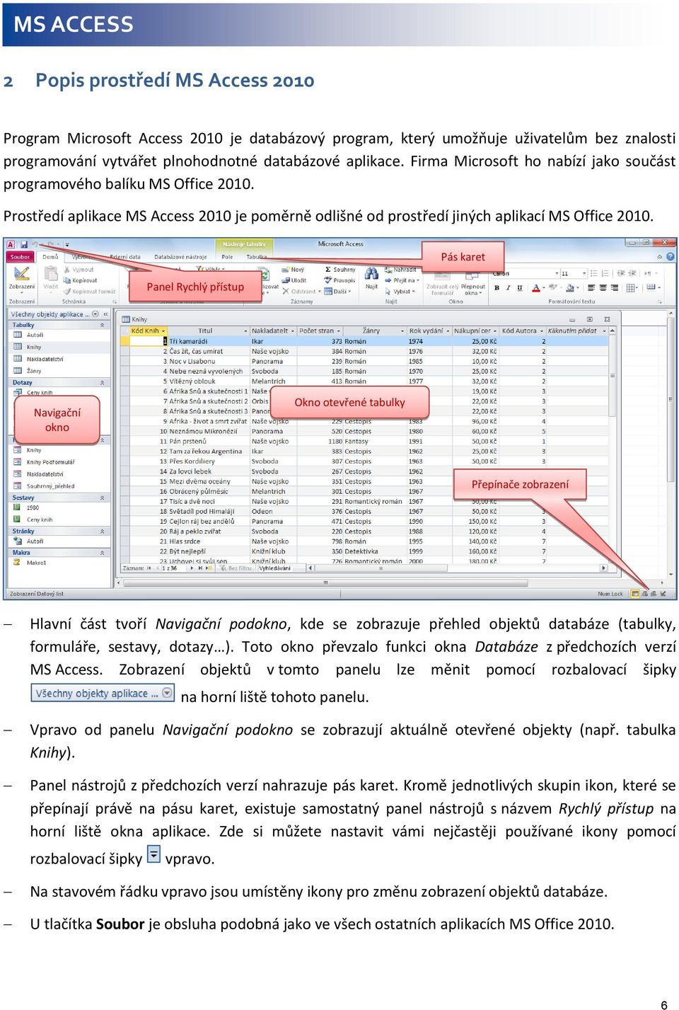 Panel Rychlý přístup Pás karet Navigační okno Okno otevřené tabulky Přepínače zobrazení Hlavní část tvoří Navigační podokno, kde se zobrazuje přehled objektů databáze (tabulky, formuláře, sestavy,