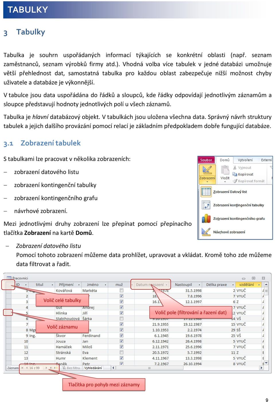 V tabulce jsou data uspořádána do řádků a sloupců, kde řádky odpovídají jednotlivým záznamům a sloupce představují hodnoty jednotlivých polí u všech záznamů. Tabulka je hlavní databázový objekt.