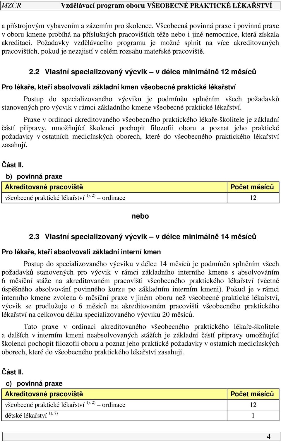 2 Vlastní specializovaný výcvik v délce minimálně 12 měsíců Pro lékaře, kteří absolvovali základní kmen všeobecné praktické lékařství Postup do specializovaného výcviku je podmíněn splněním všech