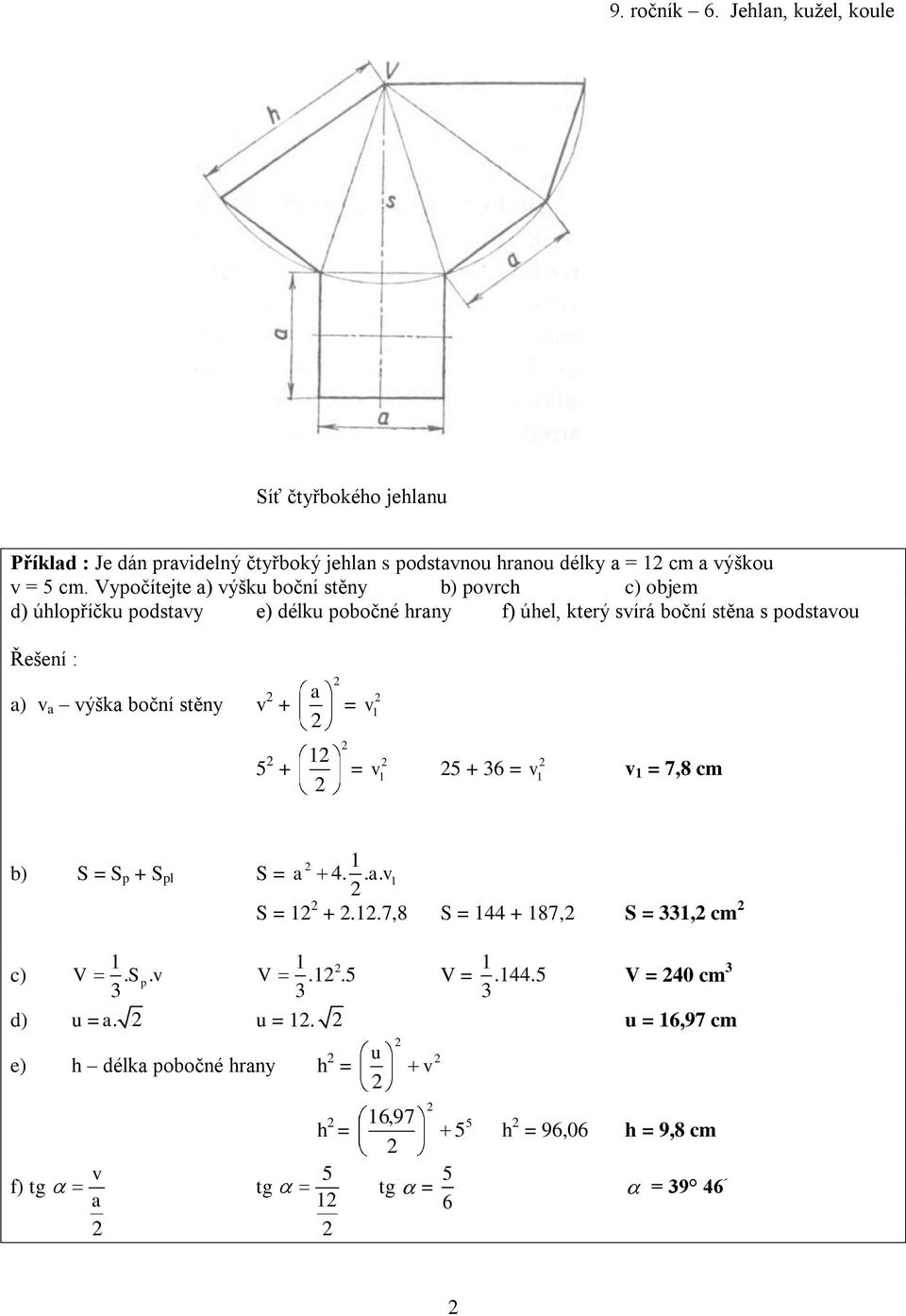 podstaou Řešení : a) a ýška boční stěny + 5 + a = = 5 + 6 = = 7,8 cm b) S = S p + S pl S = a 4.. a. S = +.