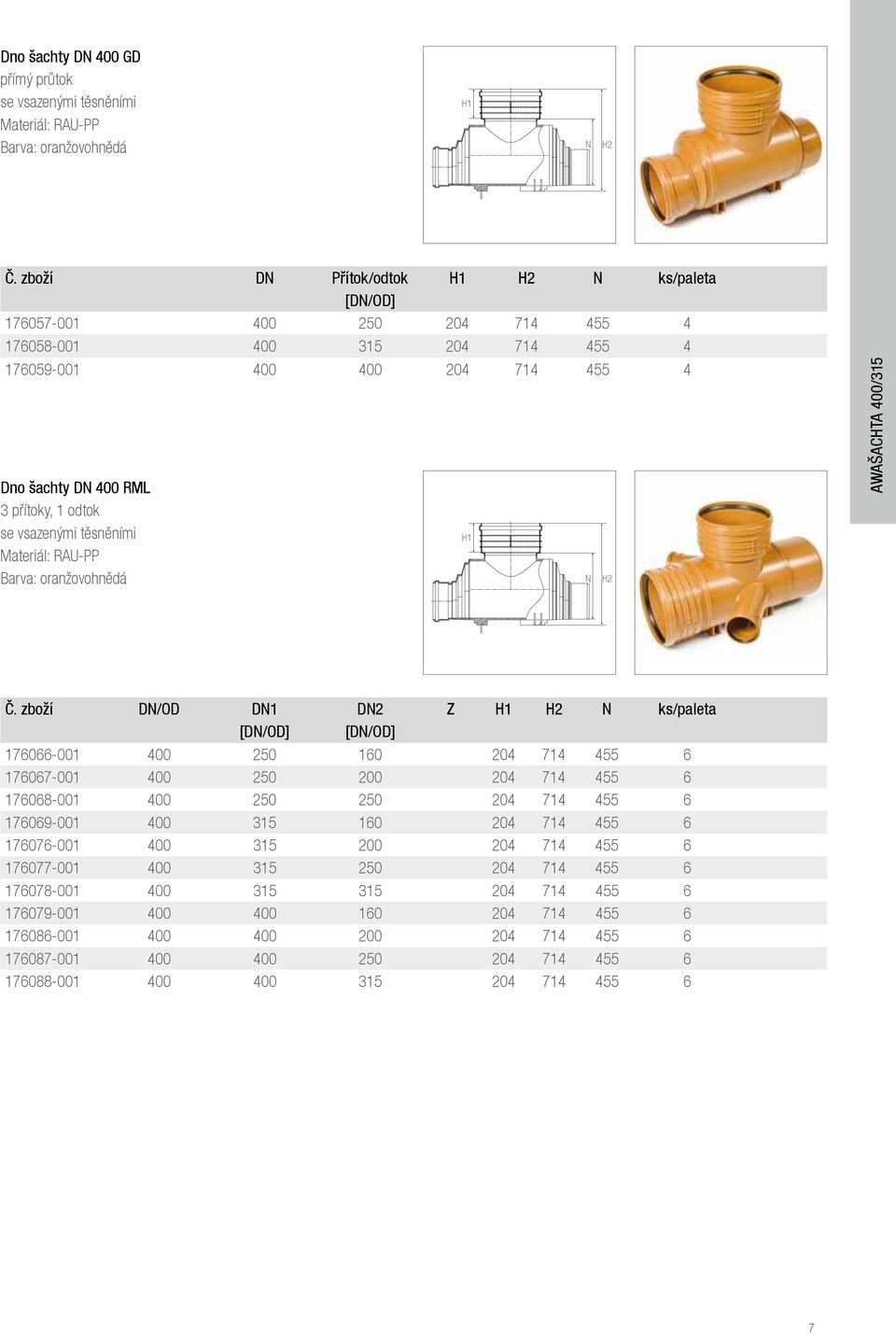 těsněními Materiál: RAU-PP Barva: oranžovohnědá H1 H2 AWAŠACHTA 400/315 Č.