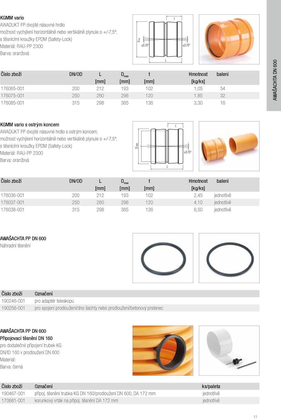 ostrým koncem AWADUKT PP dvojité násuvné hrdlo s ostrým koncem, možnost vychýlení horizontálně nebo vertikálně plynule o +/-7,5, s těsnícími kroužky EPDM (Safety-Lock) Barva: oranžová D max t ±3.