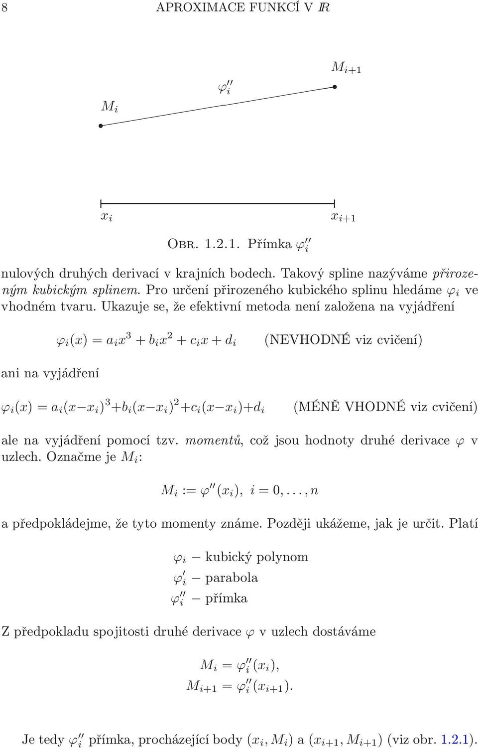 (NEVHODNÉvizcvičení) ani na vyjádření ϕ i (x)=a i (x x i ) 3 +b i (x x i ) 2 +c i (x x i )+d i (MÉNĚVHODNÉvizcvičení) ale na vyjádření pomocí tzv momentů, což jsou hodnoty druhé derivace ϕ v