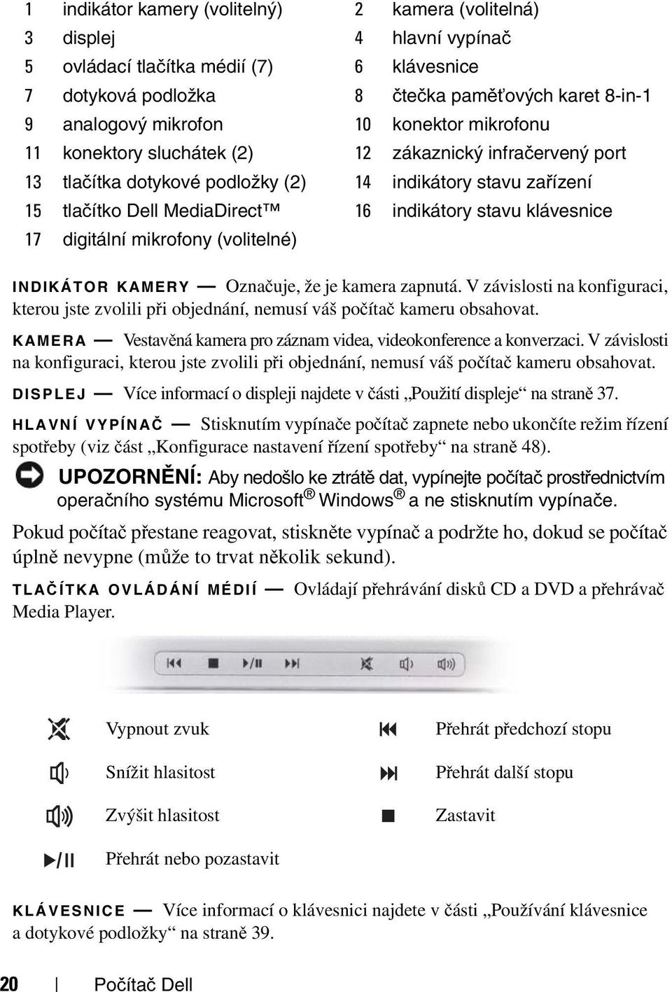 klávesnice 17 digitální mikrofony (volitelné) INDIKÁTOR KAMERY Označuje, že je kamera zapnutá. V závislosti na konfiguraci, kterou jste zvolili při objednání, nemusí váš počítač kameru obsahovat.