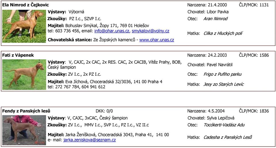 CAC, 2x CACIB, Vítěz Prahy, BOB, Český šampion Chovatel: Pavel Navrátil Zkoušky: ZV I.c.