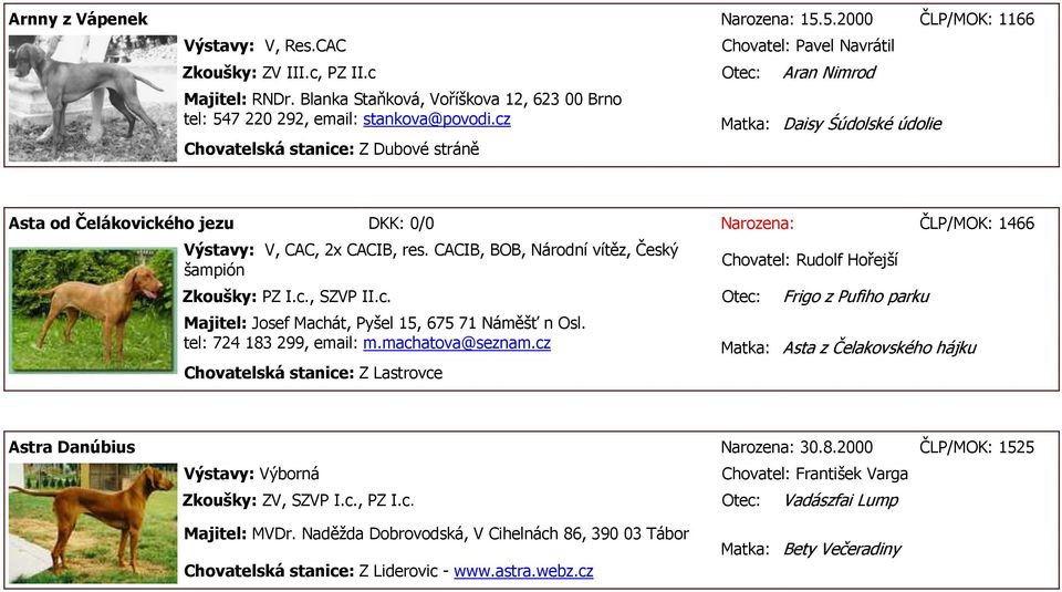 cz Chovatelská stanice: Z Dubové stráně Matka: Daisy Śúdolské údolie Asta od Čelákovického jezu DKK: 0/0 Narozena: ČLP/MOK: 1466 V, CAC, 2x CACIB, res.