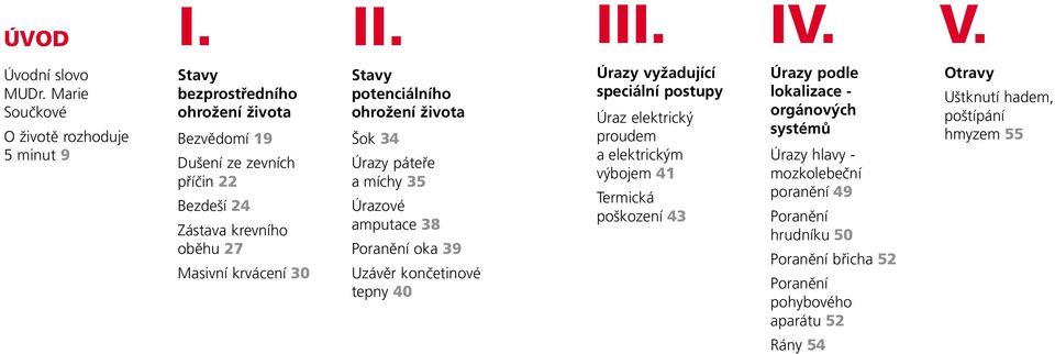 Masivní krvácení 30 Stavy potenciálního ohrožení života Šok 34 Úrazy páteře a míchy 35 Úrazové amputace 38 Poranění oka 39 Uzávěr končetinové tepny 40 Úrazy