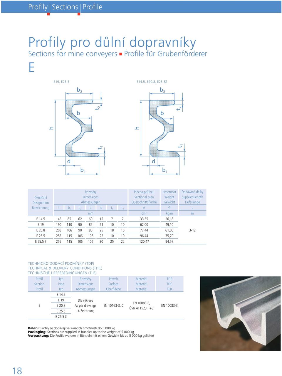 b 1 b 2 b d t 1 t 2 A G L mm cm 2 kg/m m E 14.5 145 85 62 60 15 7 7 33,35 26,18 E 19 190 110 90 85 21 10 10 62,00 49,10 E 20.8 208 106 90 85 25 18 15 77,44 61,00 E 25.