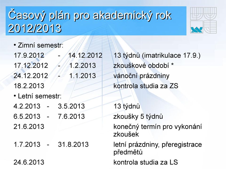 2.2013-3.5.2013 13 týdnů 6.5.2013-7.6.2013 zkoušky 5 týdnů 21.6.2013 konečný termín pro vykonání zkoušek 1.