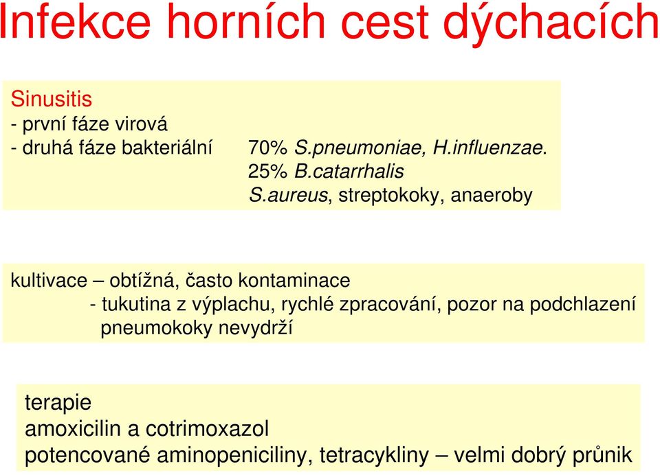 aureus, streptokoky, anaeroby kultivace obtížná, často kontaminace - tukutina z výplachu,