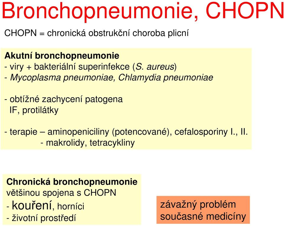 aureus) - Mycoplasma pneumoniae, Chlamydia pneumoniae - obtížné zachycení patogena IF, protilátky - terapie