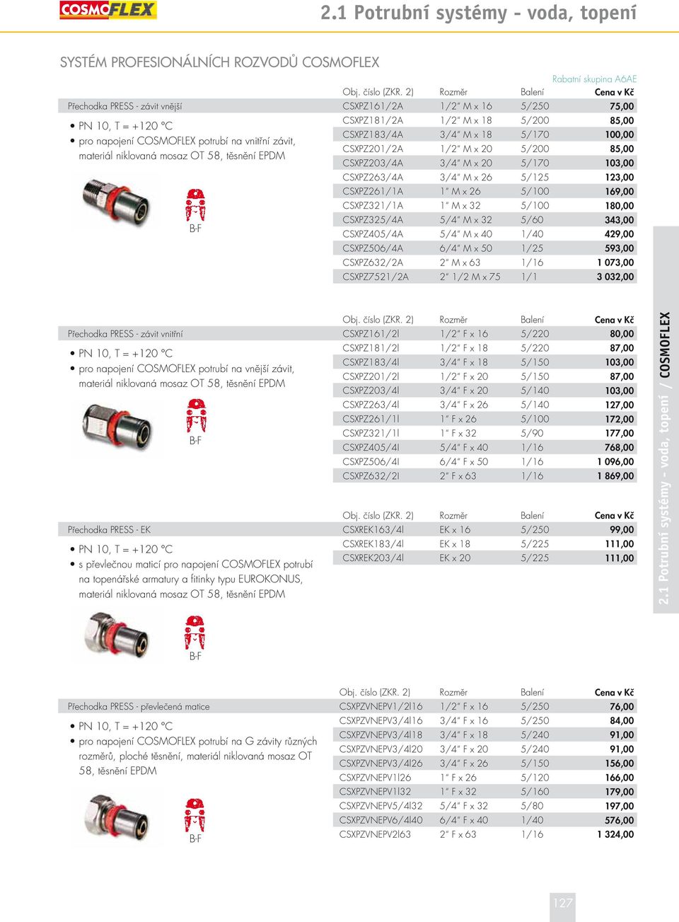 CSXPZ405/4A 5/4 M x 40 1/40 429,00 CSXPZ506/4A 6/4 M x 50 1/25 593,00 CSXPZ632/2A 2 M x 63 1/16 1 073,00 CSXPZ7521/2A 2 1/2 M x 75 1/1 3 032,00 Přechodka PRESS - závit vnitřní CSXPZ161/2l 1/2 F x 16