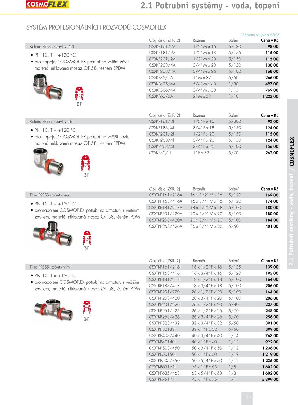 PRESS - závit vnitřní CSXKP161/2l 1/2 F x 16 5/200 92,00 pro napojení COSMOFLEX potrubí na vnější závit, CSXKP183/4l 3/4 F x 18 5/150 124,00 CSXKP201/2l 1/2 F x 20 5/150 115,00 CSXKP203/4l 3/4 F x 20