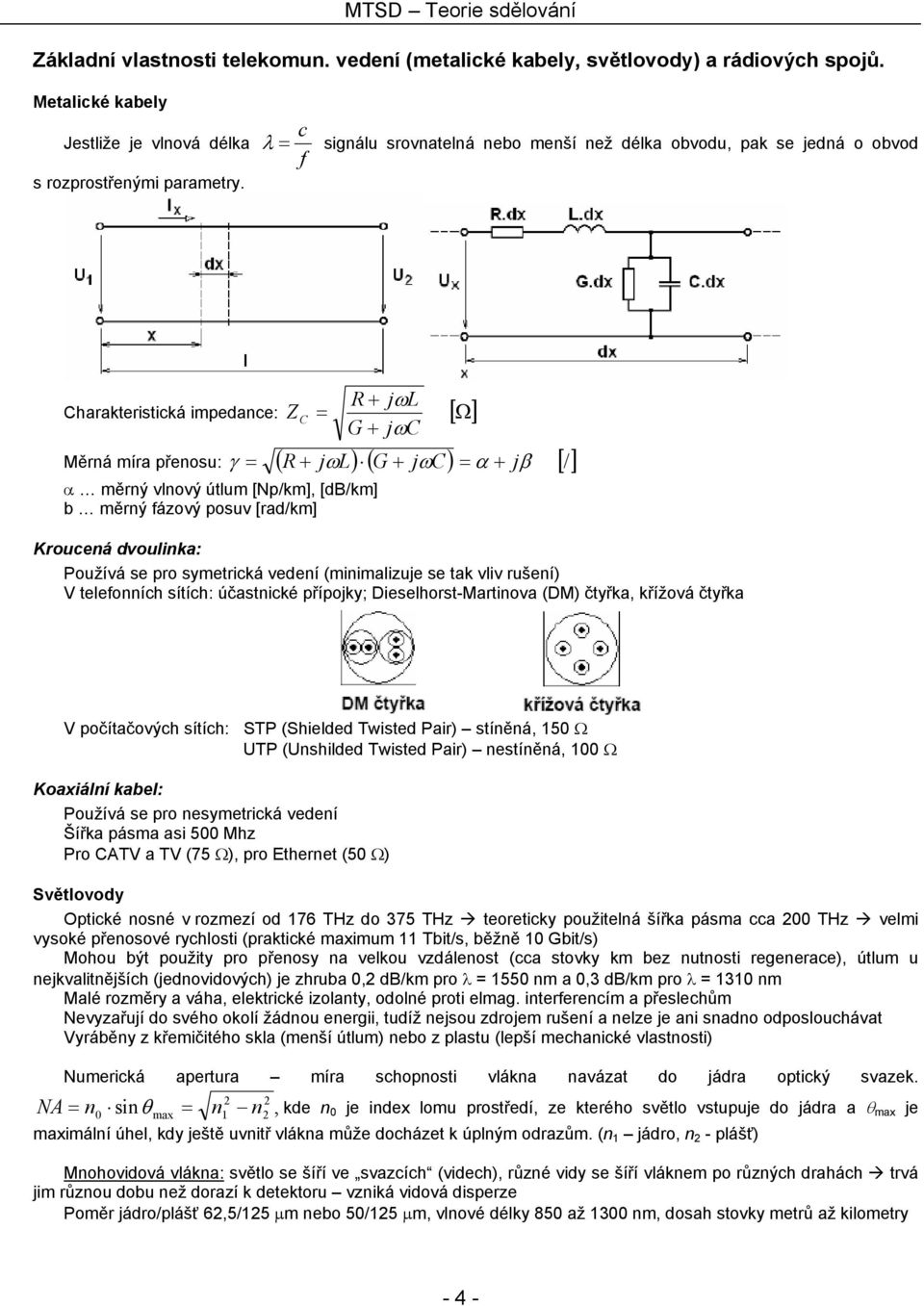 měrný vlnový útlum [Np/km], [db/km] b měrný fázový posuv [rad/km] Kroucená dvoulinka: Používá se pro symetrická vedení (minimalizuje se tak vliv rušení) V telefonních sítích: účastnické přípojky;