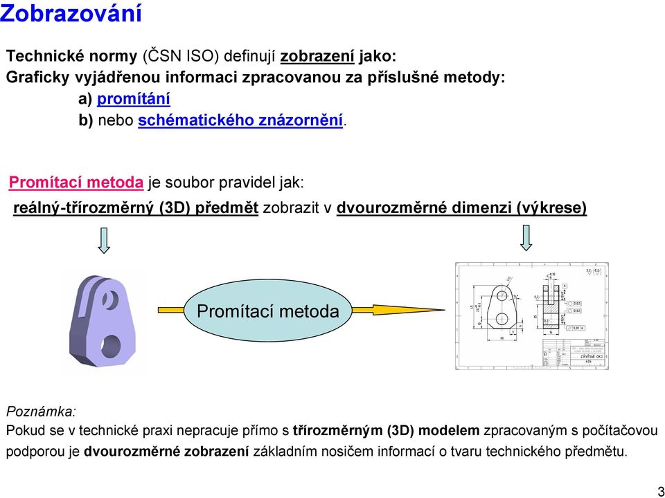 Promítací metoda je soubor pravidel jak: reálný-třírozměrný (3D) předmět zobrazit v dvourozměrné dimenzi (výkrese) Promítací