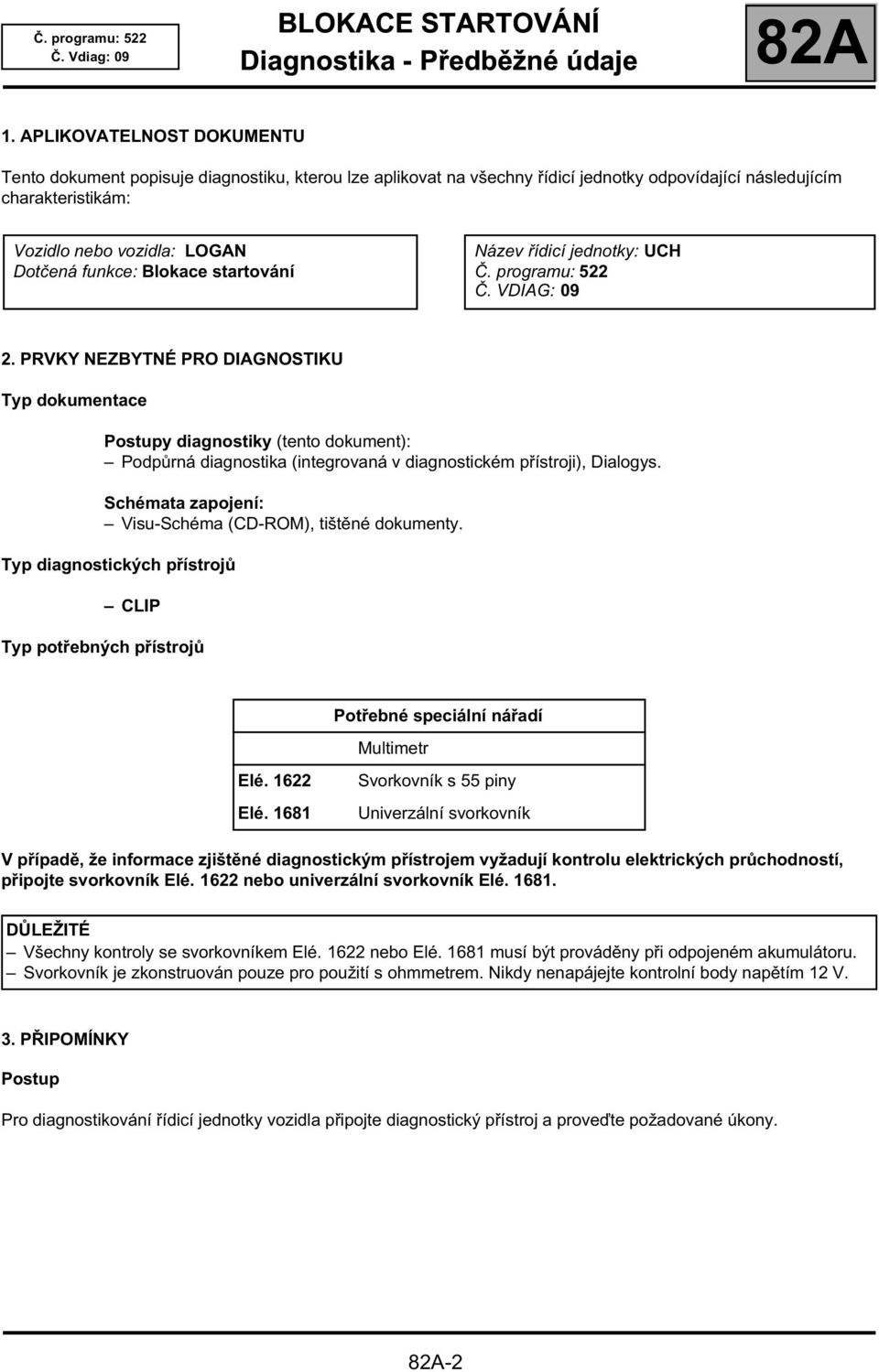 Blokace startování Název řídicí jednotky: UCH Č. programu: 522 Č. VDIAG: 09 2.