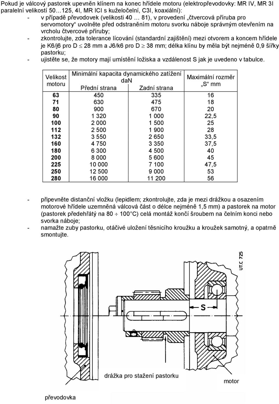 (standardní zajištění) mezi otvorem a koncem hřídele je K6/j6 pro D 28 mm a J6/k6 pro D 38 mm; délka klínu by měla být nejméně 0,9 šířky pastorku; - ujistěte se, že motory mají umístění ložiska a