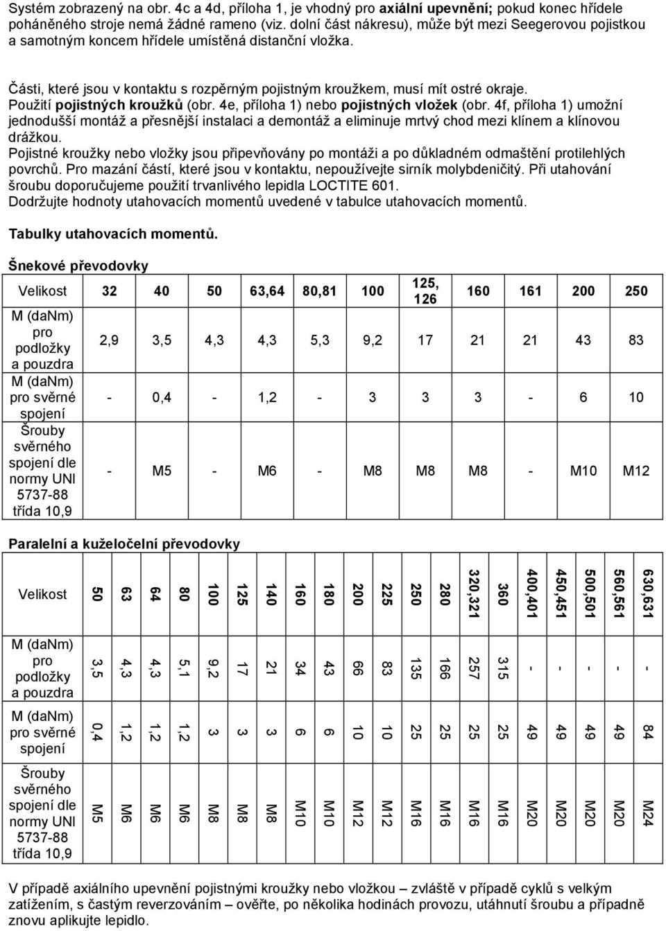 Použití pojistných kroužků (obr. 4e, příloha 1) nebo pojistných vložek (obr.