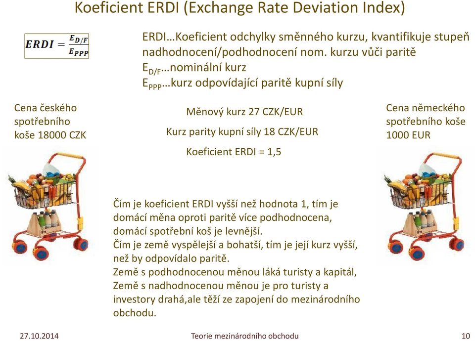 ERDI = 1,5 Cena německého spotřebního koše 1000 EUR Čím je koeficient ERDI vyšší než hodnota 1, tím je domácí měna oproti paritě více podhodnocena, domácí spotřební koš je levnější.